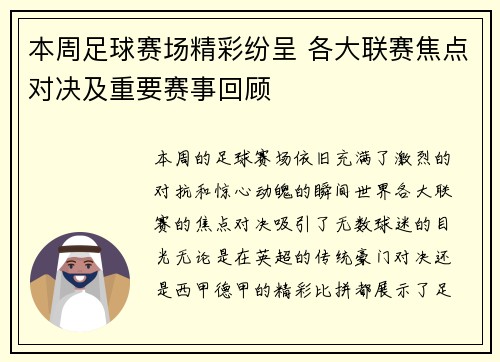 本周足球赛场精彩纷呈 各大联赛焦点对决及重要赛事回顾